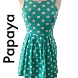 Papaya Green Polka Dot Pleated Sundress Sleeveless Fit and Flare - Small